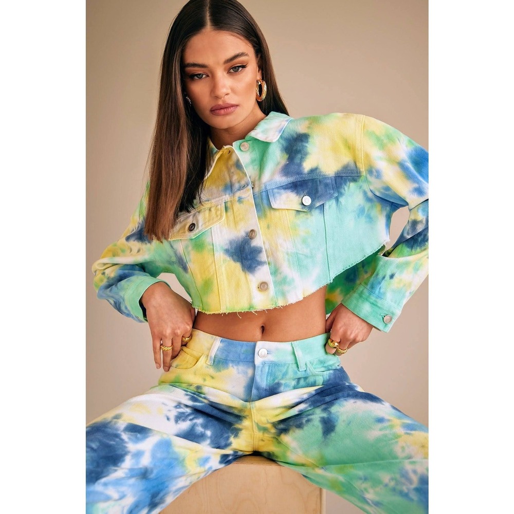 New Cotton Fashion Nova Medium Tie Dye Blue Green Crop Denim Jean Jacket Trucker